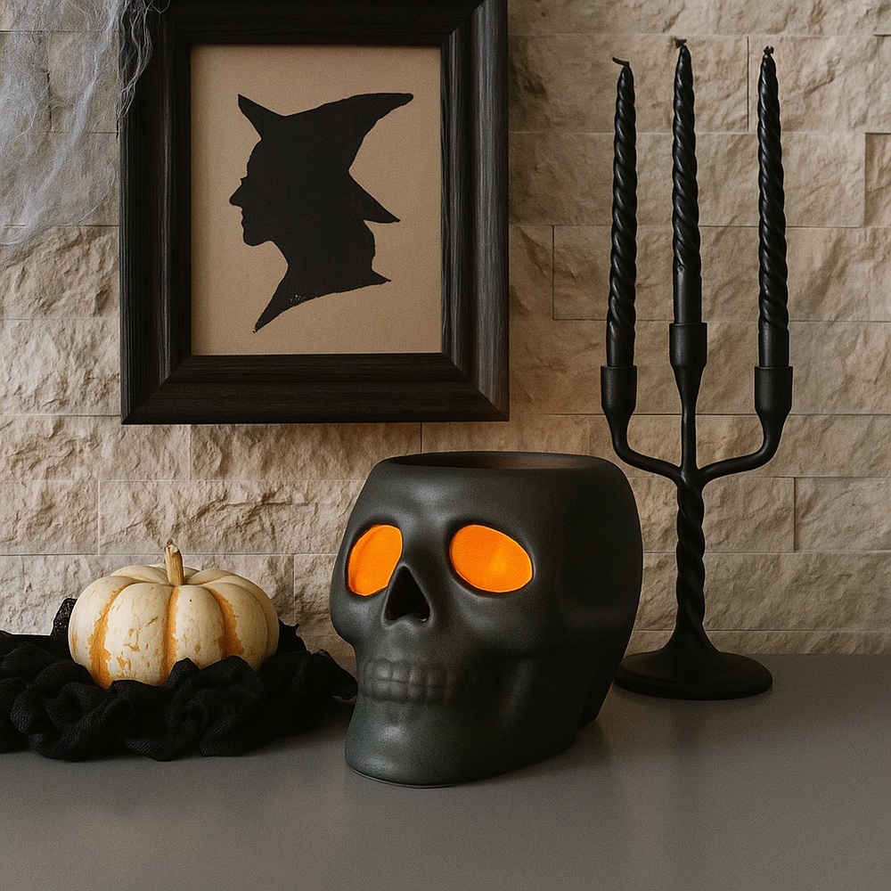 🎃 Black skull ceramic candle holder Halloween decor